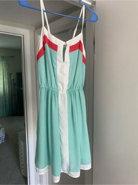 Umgee Light Aqua, White & Red Spaghetti Strap Mini Dress